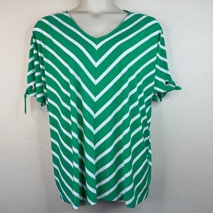 Croft & Barrow Womens Green White Strip Dolman SLV V Neck Top Blouse Plus Sz 1X
